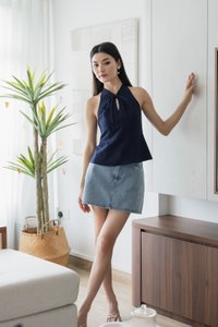 Lunar Mandarin Collar Halter Top In Navy