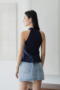 Lunar Mandarin Collar Halter Top In Navy