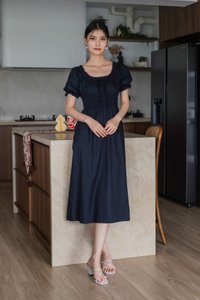 Margaret Ruched Ribbon Midi Dress In Navy