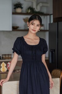Margaret Ruched Ribbon Midi Dress In Navy