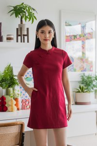 Hui Qipao Cotton Dress In Wine