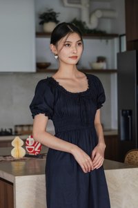 Margaret Ruched Ribbon Midi Dress In Navy