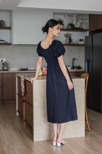 Margaret Ruched Ribbon Midi Dress In Navy