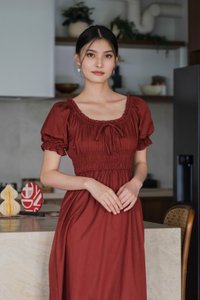 Margaret Ruched Ribbon Midi Dress In Brick Red