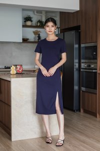 Osborn Cotton Slit Midi Dress In Navy