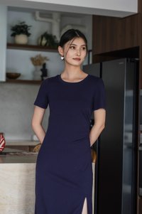 Osborn Cotton Slit Midi Dress In Navy