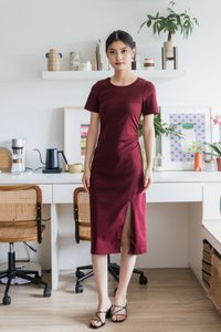 Osborn Cotton Slit Midi Dress In Wine