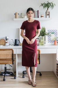 Osborn Cotton Slit Midi Dress In Wine