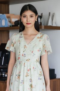 Tinsdale Eyelet Empire Midi Dress in Tea Green