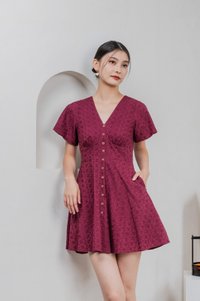 Era Eyelet Buttons Dress In Wine