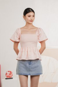 Marcelle Mixed Fabric Ribbon Texture Top In Blush Pink