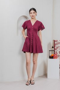 Era Eyelet Buttons Dress In Wine