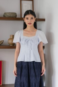 Amigo Embroidery Eyelet Ruched Top In Powder Blue