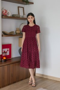 Orchid Eyelet Tiered Midi Dress In Burgundy