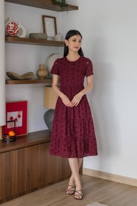 Orchid Eyelet Tiered Midi Dress In Burgundy