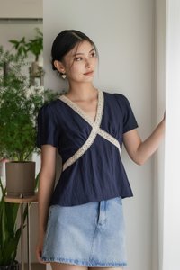 Wanderlust Crochet Babydoll Top In Navy
