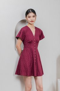 Era Eyelet Buttons Dress In Wine