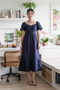 Xie Eyelet Cotton Sweetheart Midi Dress In Navy