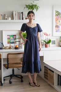 Xie Eyelet Cotton Sweetheart Midi Dress In Navy