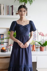 Xie Eyelet Cotton Sweetheart Midi Dress In Navy