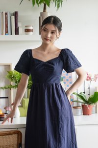 Xie Eyelet Cotton Sweetheart Midi Dress In Navy
