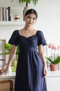 Xie Eyelet Cotton Sweetheart Midi Dress In Navy