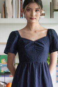 Xie Eyelet Cotton Sweetheart Midi Dress In Navy