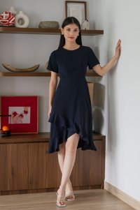 Sharon Ruffle Hem Midi Dress In Navy