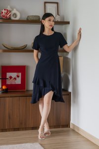 Sharon Ruffle Hem Midi Dress In Navy