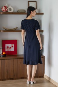 Sharon Ruffle Hem Midi Dress In Navy