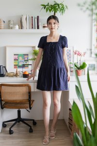 Delia Embroidery Ribbon Buttons Dress In Navy(S)