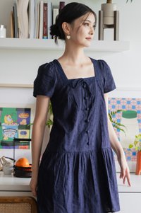 Delia Embroidery Ribbon Buttons Dress In Navy(S)