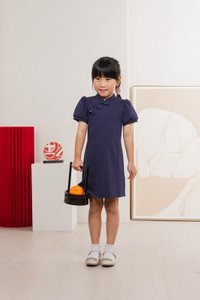 Huan Kids Cotton Cheongsam Dress In Navy