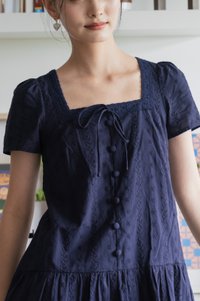 Delia Embroidery Ribbon Buttons Dress In Navy(S)