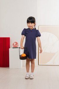 Huan Kids Cotton Cheongsam Dress In Navy