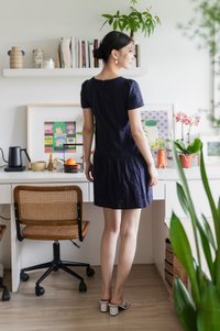 Delia Embroidery Ribbon Buttons Dress In Navy(S)