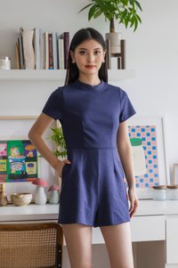Huan Mandarin Collar Romper In Navy