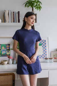 Huan Mandarin Collar Romper In Navy