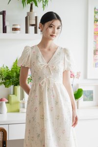 Spring Melody Eyelet Ribbon Midi Dress