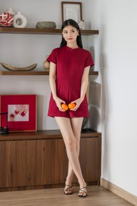 Huan Mandarin Collar Romper In Wine
