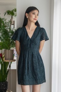 Lily Eyelet Ribbon Pleats Dress In Emerald