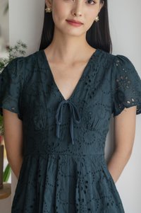 Lily Eyelet Ribbon Pleats Dress In Emerald