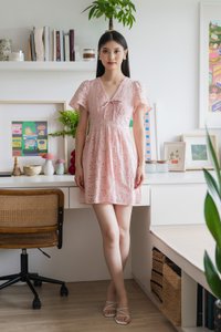 Lily Eyelet Ribbon Pleats Dress In Pink