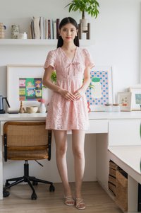 Lily Eyelet Ribbon Pleats Dress In Pink