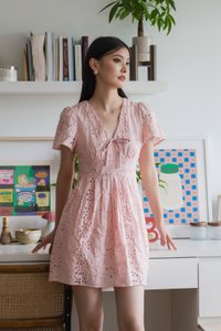 Lily Eyelet Ribbon Pleats Dress In Pink