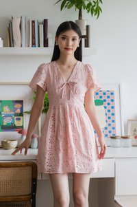Lily Eyelet Ribbon Pleats Dress In Pink