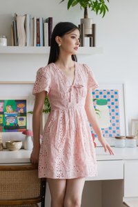 Lily Eyelet Ribbon Pleats Dress In Pink