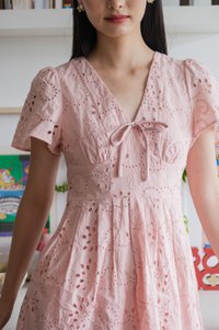 Lily Eyelet Ribbon Pleats Dress In Pink