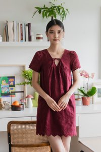 Excelle Eyelet Tie Ribbon Dress In Wine