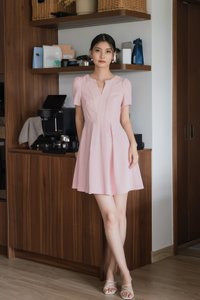 Jacque Mandarin Collar Pleated Dress In Pink